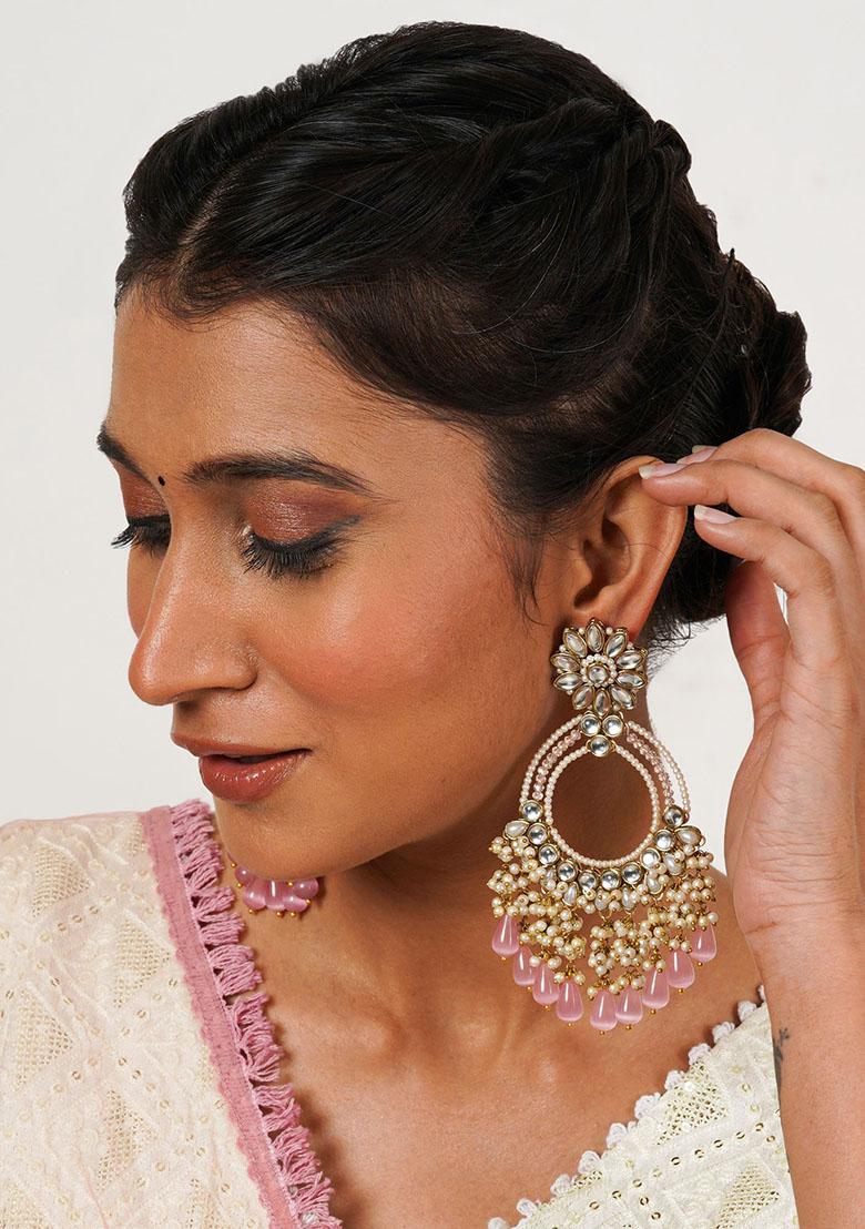 Light Pink Mixed Alloy Rose Pink Crystal Kundan Chandbali Earrings With Pearls Earrings