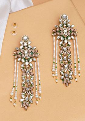 Light Pink Mixed Alloy Multicolored Floral Kundan Drop Earrings With Pearls Earrings