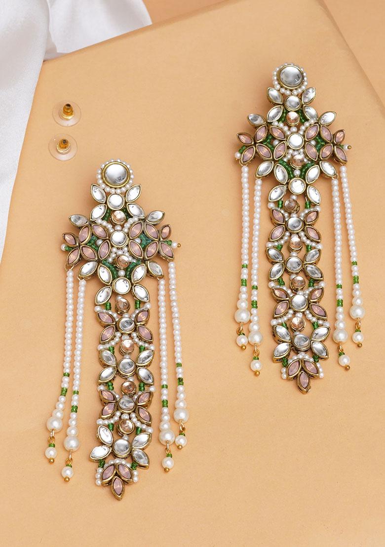 Light Pink Mixed Alloy Multicolored Floral Kundan Drop Earrings With Pearls Earrings