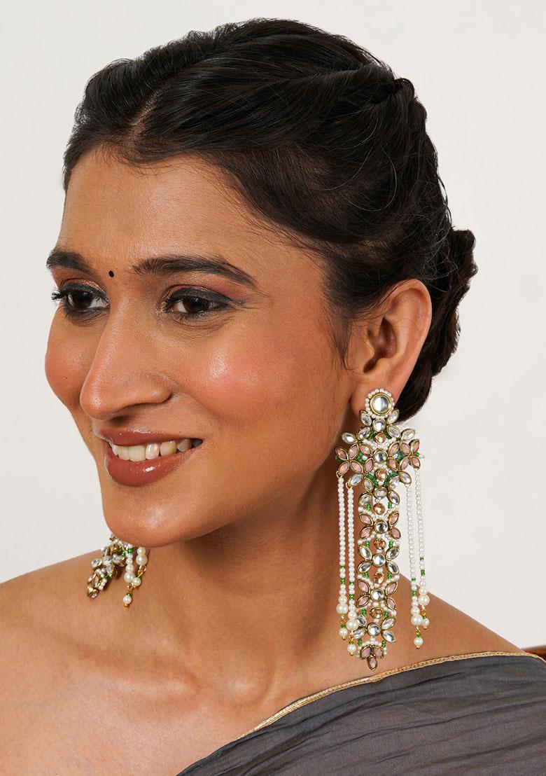 Light Pink Mixed Alloy Multicolored Floral Kundan Drop Earrings With Pearls Earrings