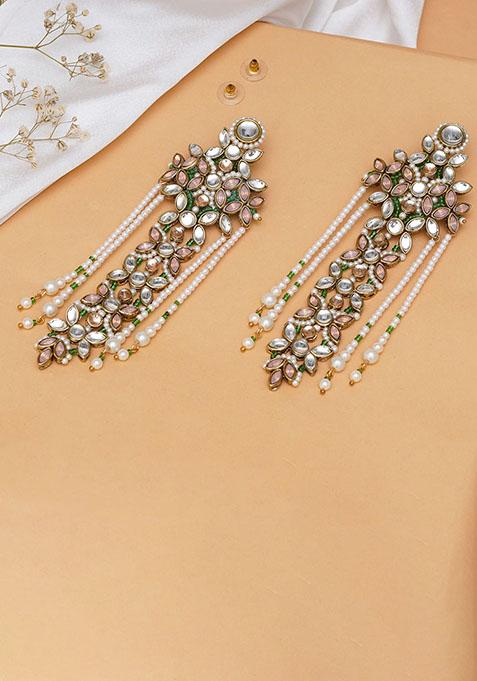 Light Pink Mixed Alloy Multicolored Floral Kundan Drop Earrings With Pearls Earrings