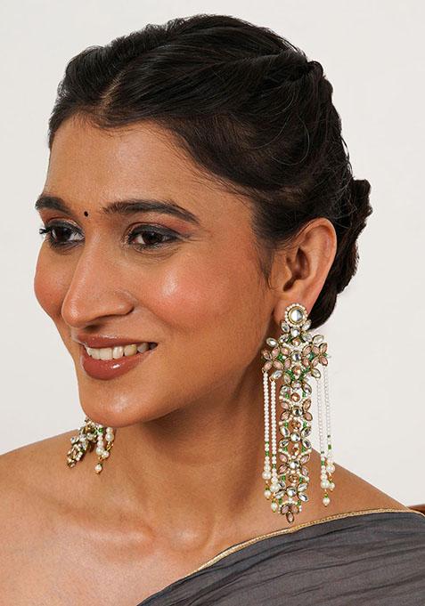 Light Pink Mixed Alloy Multicolored Floral Kundan Drop Earrings With Pearls Earrings