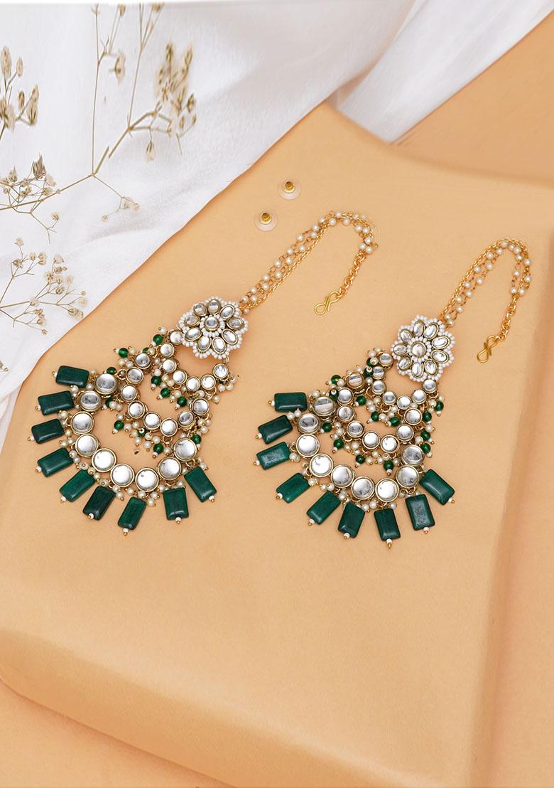 Green Mixed Alloy Traditional Kundan Chandelier Earrings With Green Stones Earrings