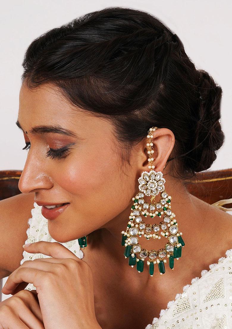 Green Mixed Alloy Traditional Kundan Chandelier Earrings With Green Stones Earrings