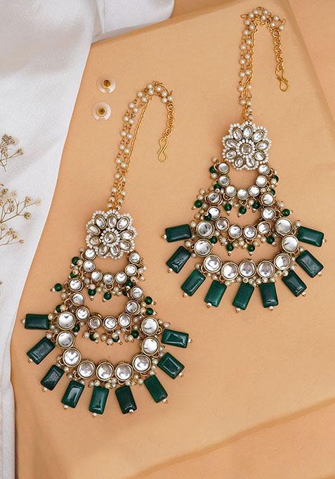 Green Mixed Alloy Traditional Kundan Chandelier Earrings With Green Stones Earrings