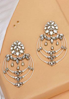 White Mixed Alloy Classic Kundan And Pearl Drop Chandbali Earrings
