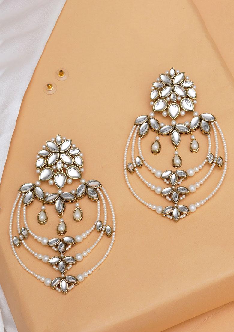 White Mixed Alloy Classic Kundan And Pearl Drop Chandbali Earrings