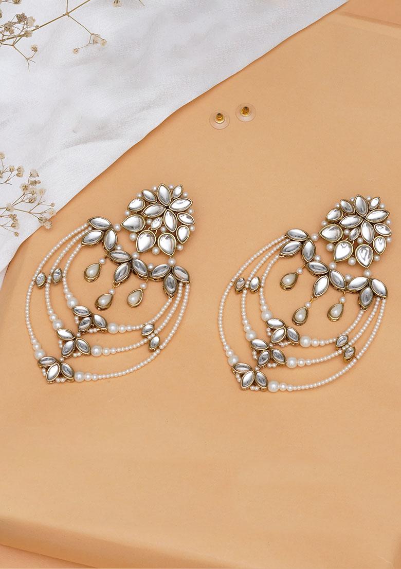 White Mixed Alloy Classic Kundan And Pearl Drop Chandbali Earrings