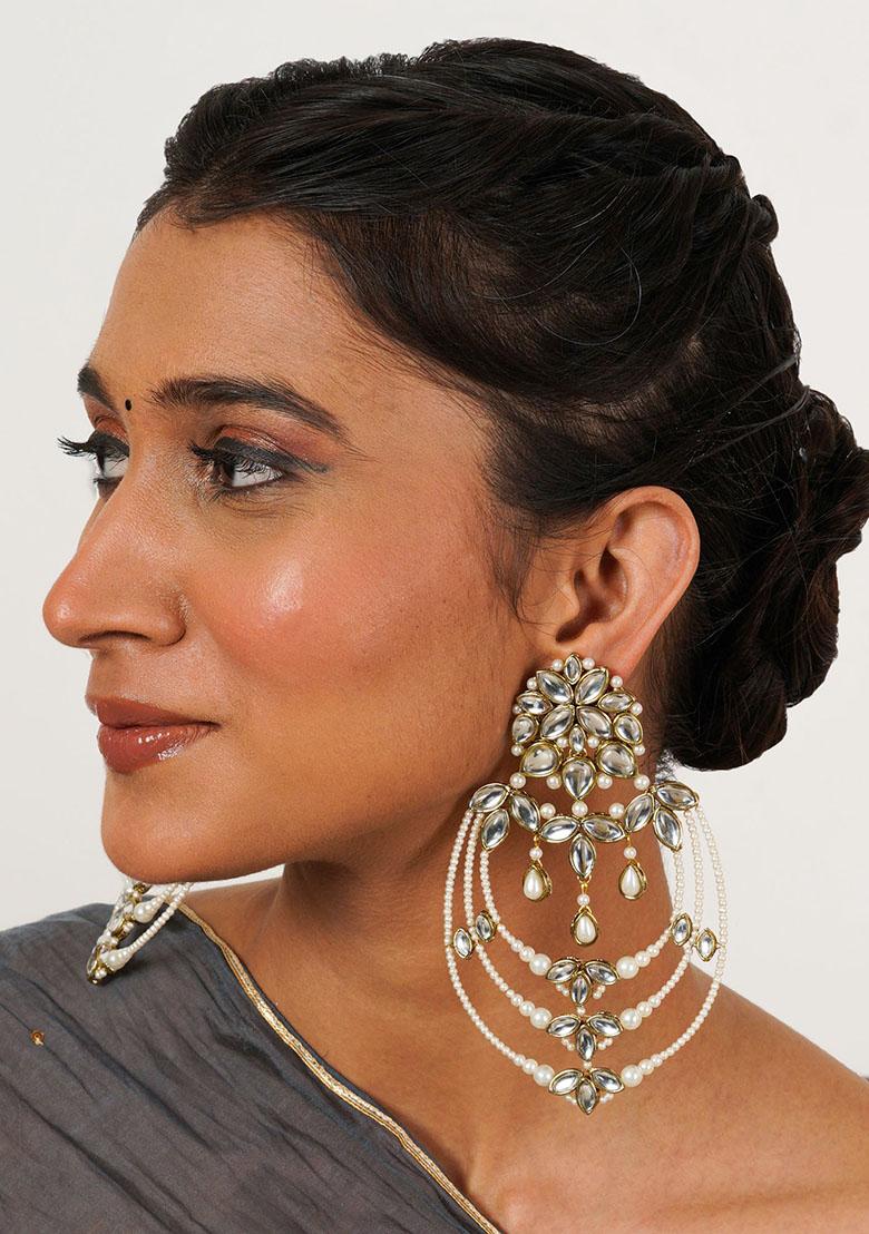 White Mixed Alloy Classic Kundan And Pearl Drop Chandbali Earrings