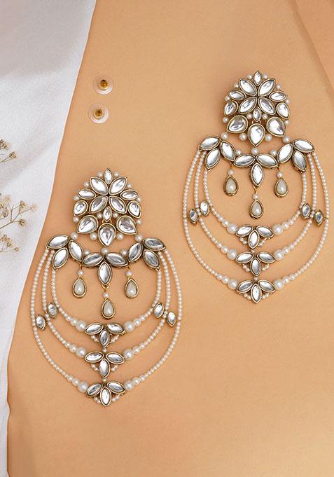 White Mixed Alloy Classic Kundan And Pearl Drop Chandbali Earrings
