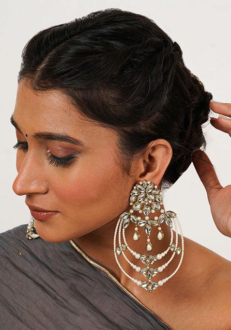 White Mixed Alloy Classic Kundan And Pearl Drop Chandbali Earrings