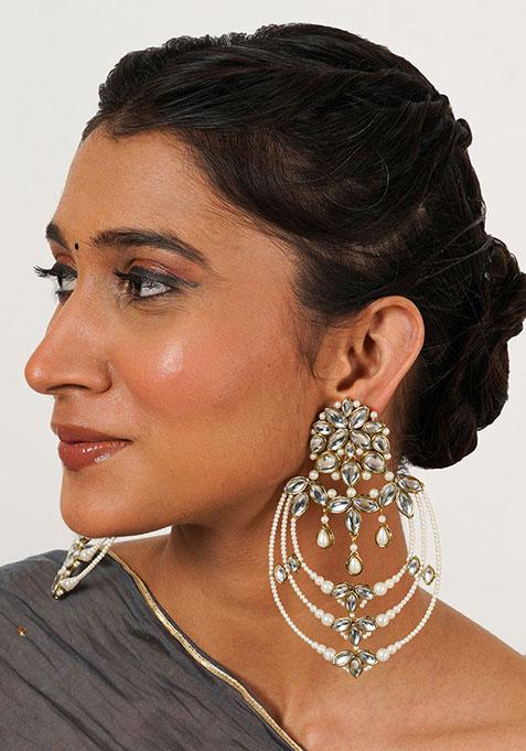 White Mixed Alloy Classic Kundan And Pearl Drop Chandbali Earrings