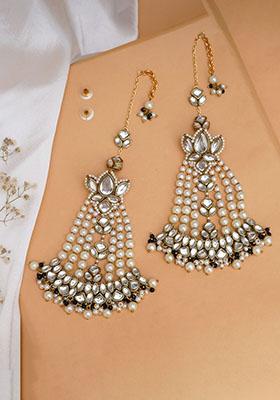 White Mixed Alloy Floral Kundan Chandbali With Pearl Drapes Earrings