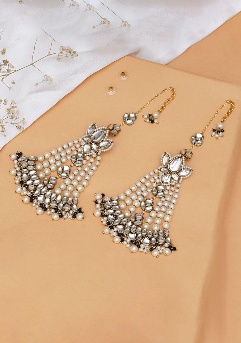 White Mixed Alloy Floral Kundan Chandbali With Pearl Drapes Earrings