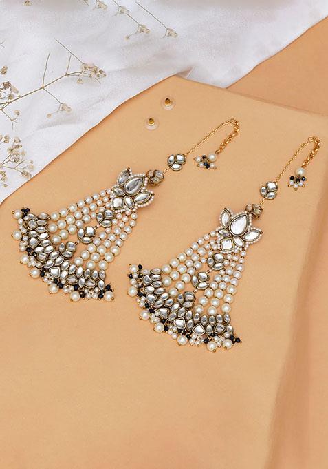 White Mixed Alloy Floral Kundan Chandbali With Pearl Drapes Earrings
