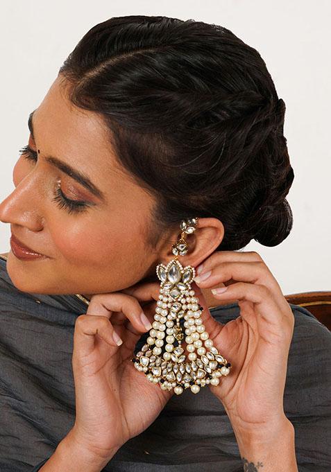 White Mixed Alloy Floral Kundan Chandbali With Pearl Drapes Earrings
