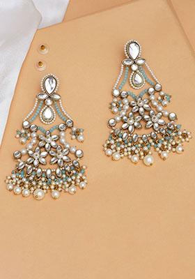 Sky Blue Mixed Alloy Pastel Kundan Earrings With Floral Design And Pearl Fringe Earrings