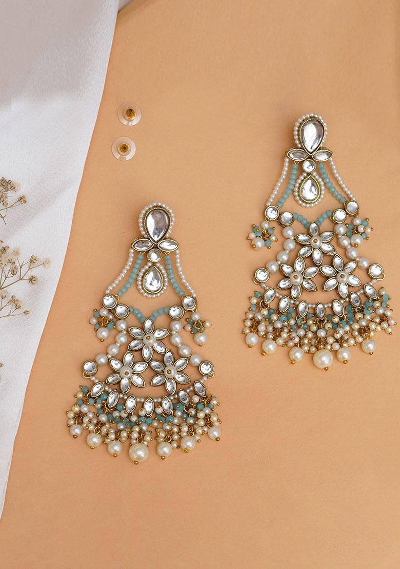 Sky Blue Mixed Alloy Pastel Kundan Earrings With Floral Design And Pearl Fringe Earrings