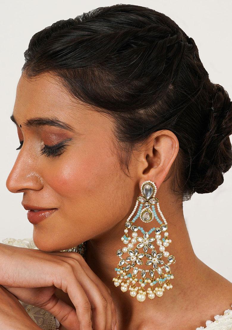 Sky Blue Mixed Alloy Pastel Kundan Earrings With Floral Design And Pearl Fringe Earrings