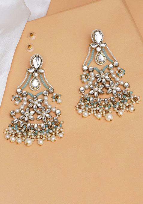 Sky Blue Mixed Alloy Pastel Kundan Earrings With Floral Design And Pearl Fringe Earrings