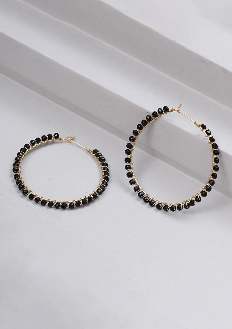Black Mixed Alloy Beaded Hoop Earrings ( Black ) Earrings