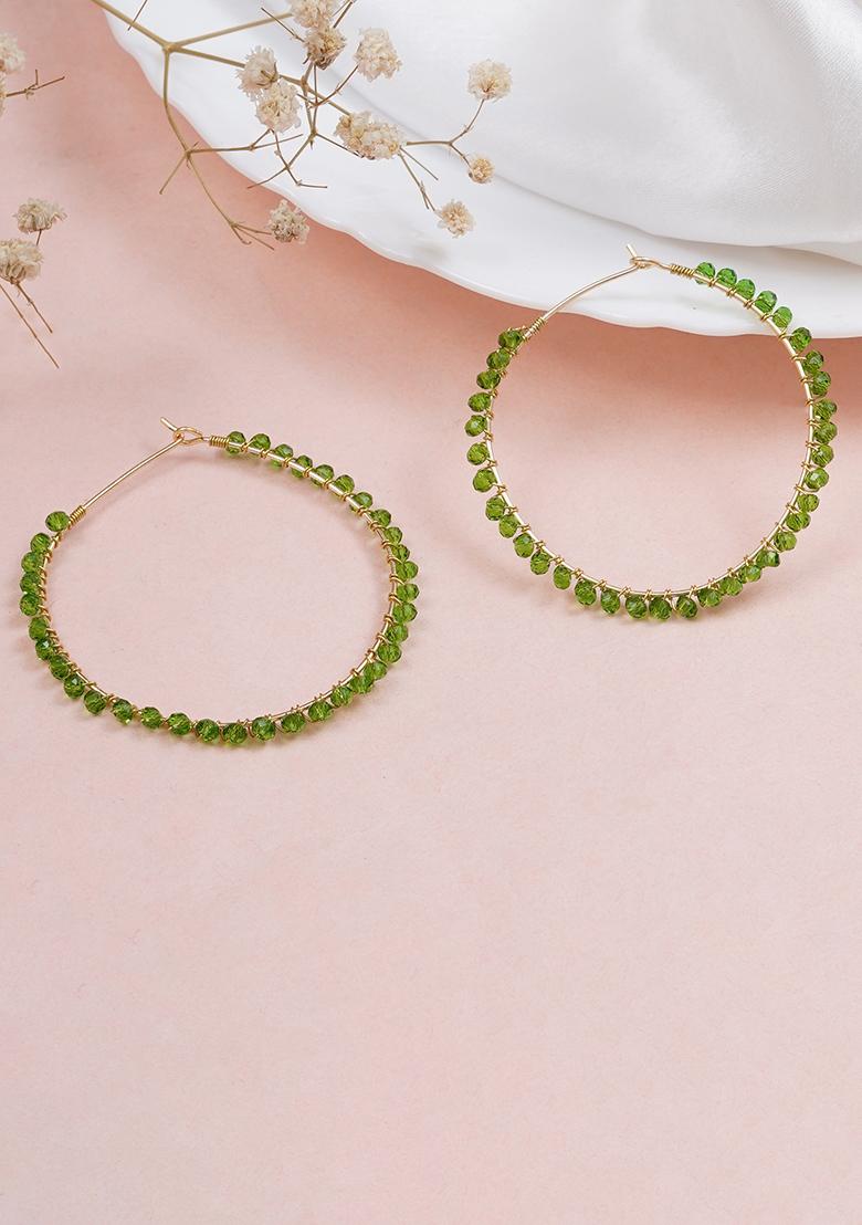 Green Mixed Alloy Beaded Hoop Earrings ( Green ) Earrings