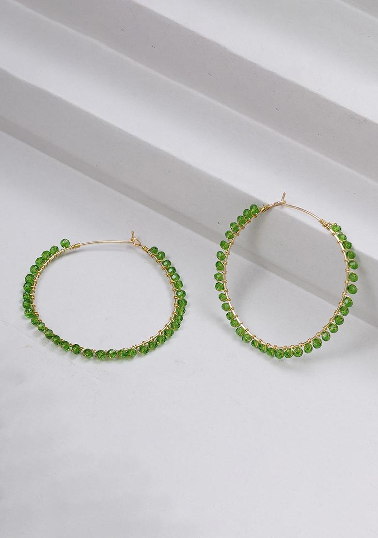 Green Mixed Alloy Beaded Hoop Earrings ( Green ) Earrings