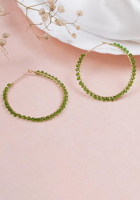 Green Mixed Alloy Beaded Hoop Earrings ( Green ) Earrings