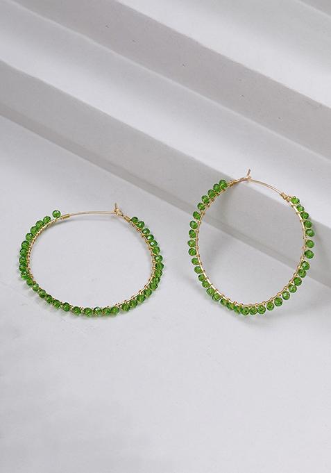 Green Mixed Alloy Beaded Hoop Earrings ( Green ) Earrings