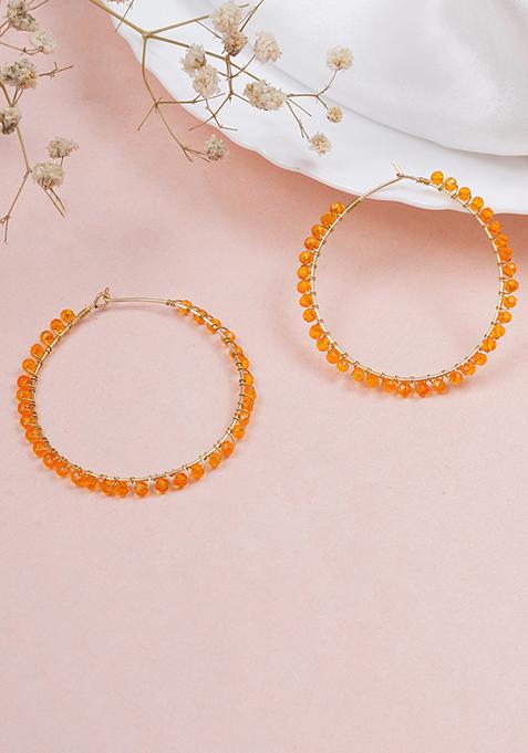 Orange Mixed Alloy Beaded Hoop Earrings ( Orange ) Earrings