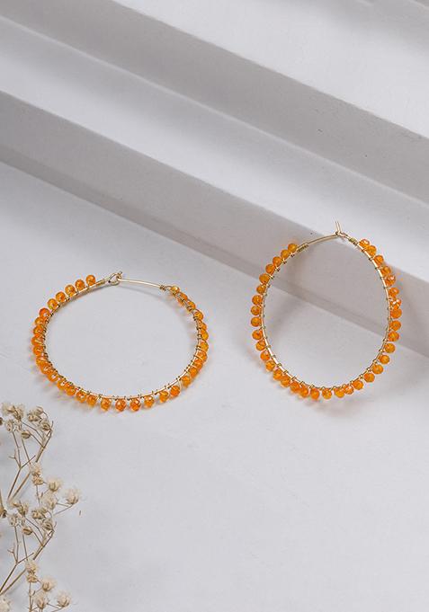 Orange Mixed Alloy Beaded Hoop Earrings ( Orange ) Earrings