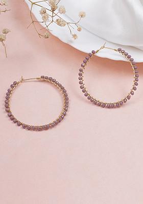 Purple Mixed Alloy Beaded Hoop Earrings ( Purple ) Earrings