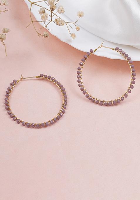 Purple Mixed Alloy Beaded Hoop Earrings ( Purple ) Earrings