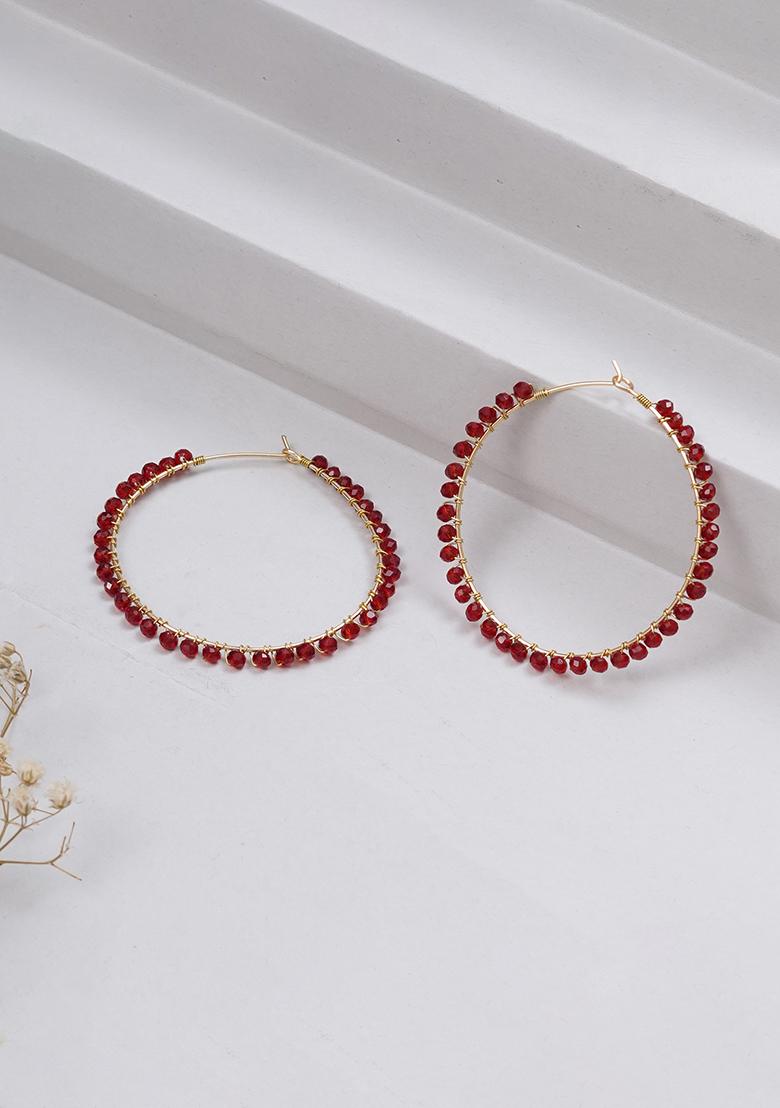 Red Mixed Alloy Beaded Hoop Earrings ( Red) Earrings