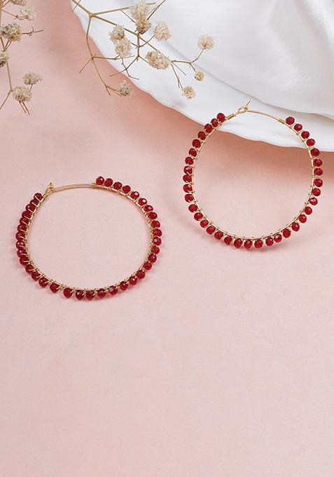 Red Mixed Alloy Beaded Hoop Earrings ( Red) Earrings