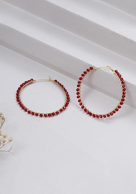 Red Mixed Alloy Beaded Hoop Earrings ( Red) Earrings
