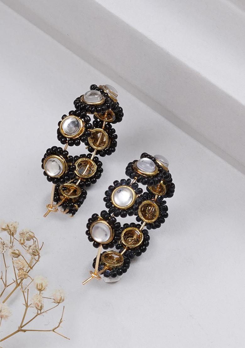 Black Mixed Alloy Mounted Pearl Hoops Earrings
