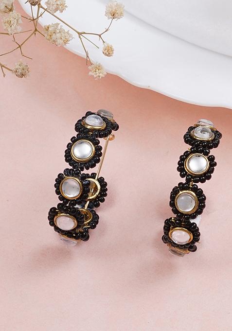 Black Mixed Alloy Mounted Pearl Hoops Earrings