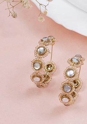 Off White Mixed Alloy Mounted Pearl Hoops Earrings