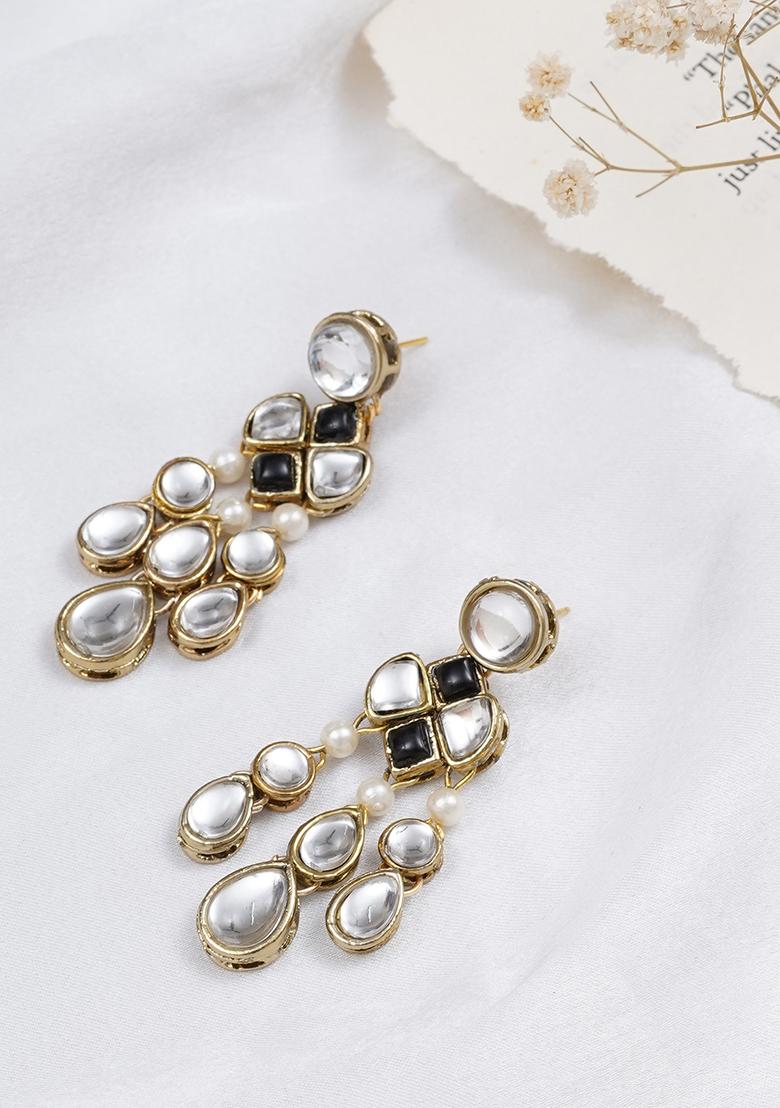 Black Mixed Alloy Droopy Kundan Earrings Earrings
