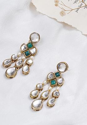 Dark Green Mixed Alloy Droopy Kundan Earrings Earrings