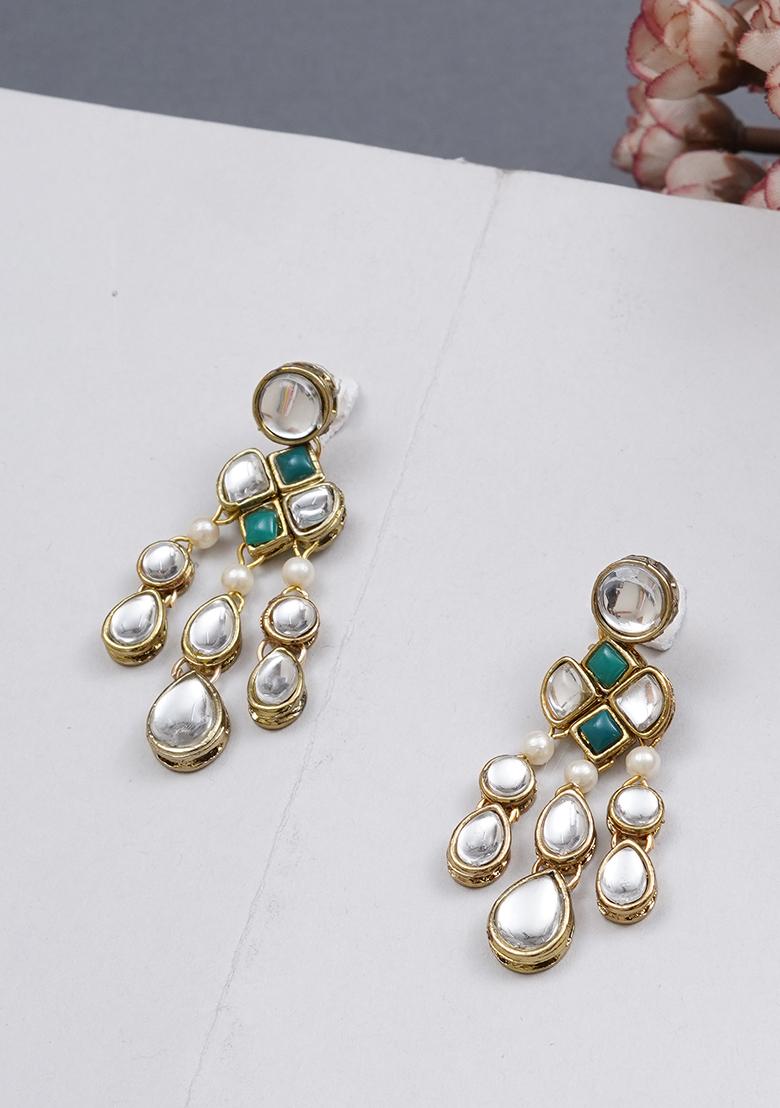 Dark Green Mixed Alloy Droopy Kundan Earrings Earrings