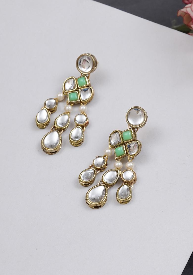 Light Green Mixed Alloy Droopy Kundan Earrings Earrings