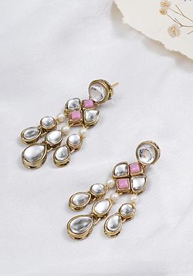 Light Pink Mixed Alloy Droopy Kundan Earrings Earrings