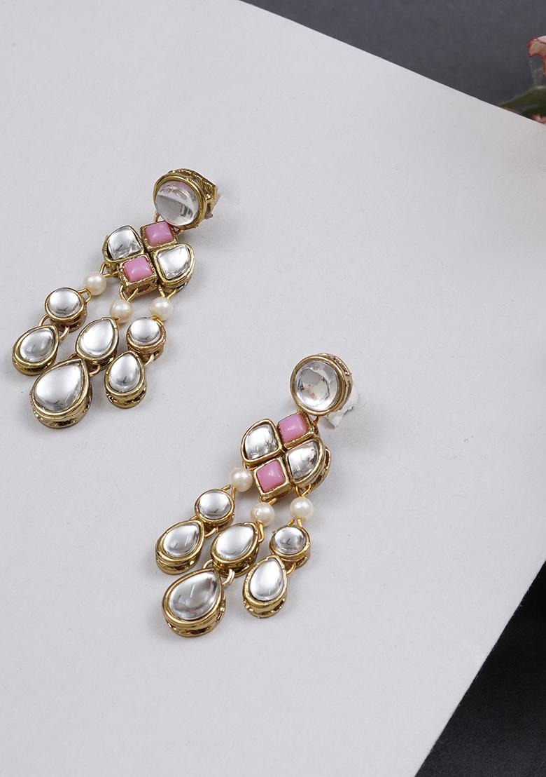 Light Pink Mixed Alloy Droopy Kundan Earrings Earrings