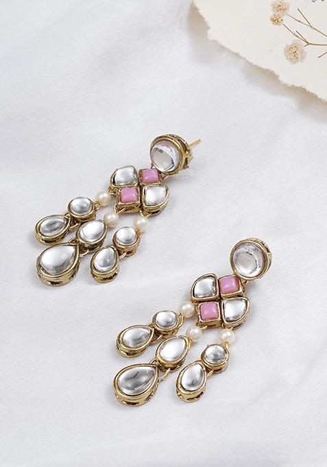 Light Pink Mixed Alloy Droopy Kundan Earrings Earrings