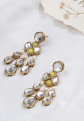 Lemon Yellow Mixed Alloy Droopy Kundan Earrings Earrings