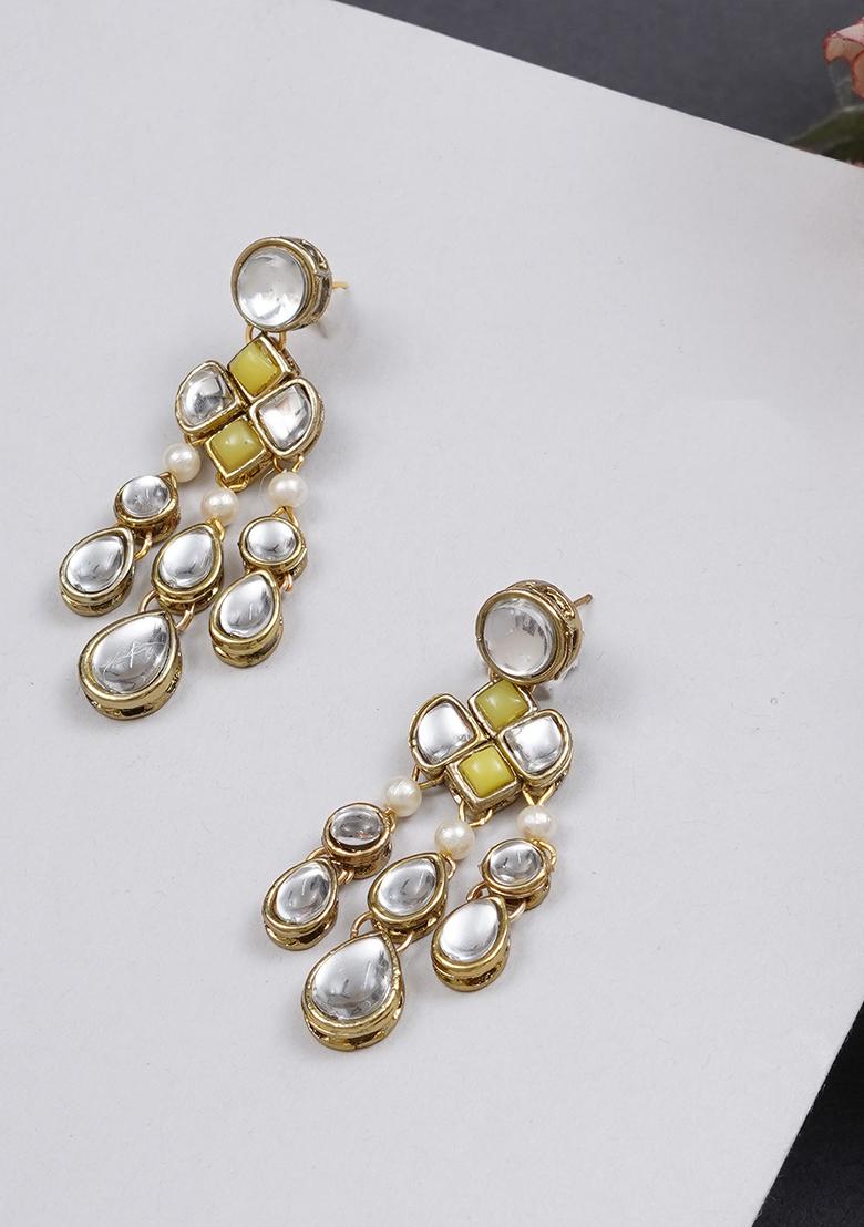 Lemon Yellow Mixed Alloy Droopy Kundan Earrings Earrings