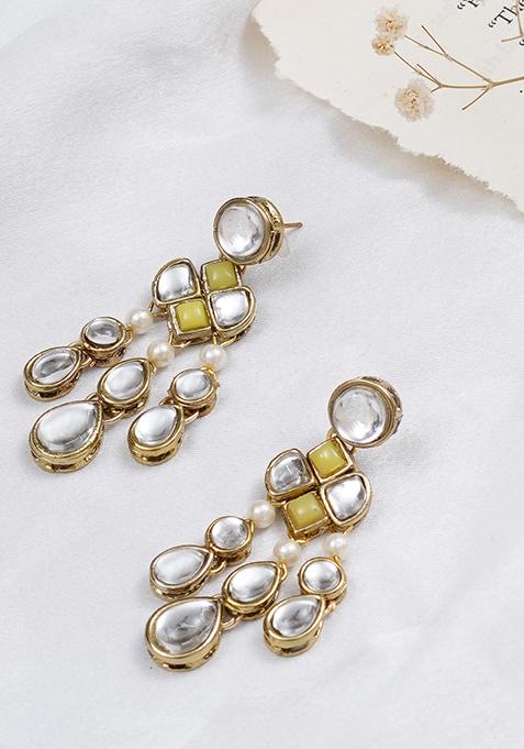 Lemon Yellow Mixed Alloy Droopy Kundan Earrings Earrings