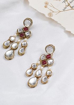 Maroon Mixed Alloy Droopy Kundan Earrings Earrings